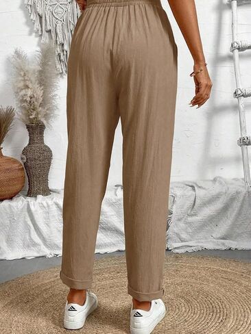 Women’s Beige Linen-Blend Jogger Pants - High Waist Drawstring Loose-Fit Cropped Trousers with Pockets in Kuwait