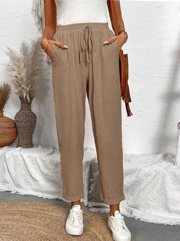 Women’s Beige Linen-Blend Jogger Pants - High Waist Drawstring Loose-Fit Cropped Trousers with Pockets in Kuwait