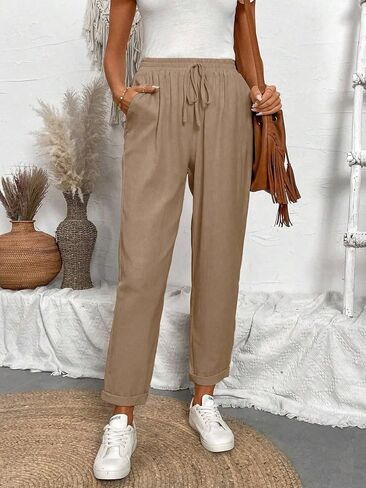 Women’s Beige Linen-Blend Jogger Pants - High Waist Drawstring Loose-Fit Cropped Trousers with Pockets in Kuwait