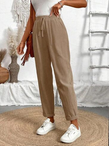 Women’s Beige Linen-Blend Jogger Pants - High Waist Drawstring Loose-Fit Cropped Trousers with Pockets in Kuwait