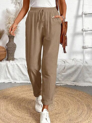 Women’s Beige Linen-Blend Jogger Pants - High Waist Drawstring Loose-Fit Cropped Trousers with Pockets in Kuwait