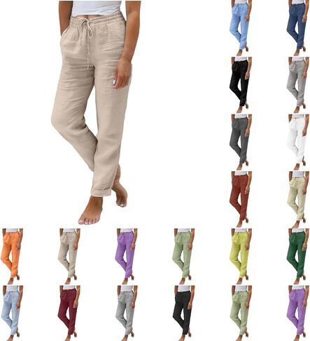 Women's Linen Pants Summer Casual High Waist Drawstring Lounge Pant Boho Straight Leg Beach Trousers with Pockets in Saudi Arabia