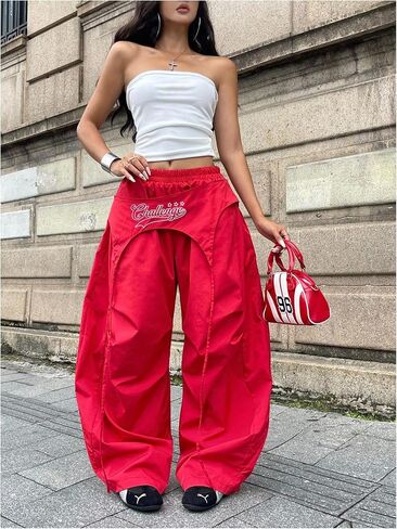 Women's Y2k Baggy Pants Elastic Waist Wide Leg Trousers in Kuwait