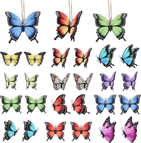 24PCS Wooden Hanging Butterfly Decorations with String, Colorful Wooden Butterfly Decoration, Butterflies Hanging Ornaments for Spring and Summer Trees Home Farmhouse Party Christmas Tree DIY Craft in Saudi Arabia