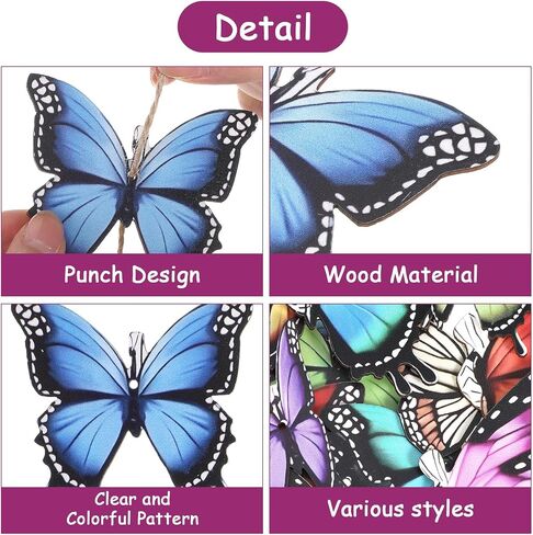24PCS Wooden Hanging Butterfly Decorations with String, Colorful Wooden Butterfly Decoration, Butterflies Hanging Ornaments for Spring and Summer Trees Home Farmhouse Party Christmas Tree DIY Craft in Saudi Arabia