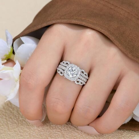 925 Sterling Silver 1 Ct Wedding Rings Set for Women Round Cut Ring Enhancer for Engagement Rings Halo Bridal Ring Set for Her Cubic Zirconia Size 5-10 in Saudi Arabia