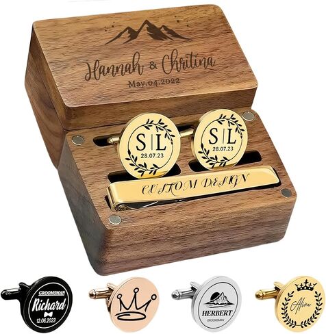 Custom Monogram Cufflinks for Men - Personalized Initial Cuff Links & Tie Clip Set with Engraved Wood Box - Wedding Gifts for Groom Son Man Groomsmen Father's Day in Saudi Arabia