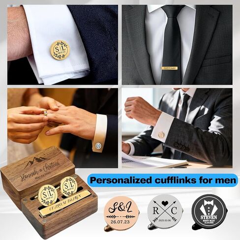 Custom Monogram Cufflinks for Men - Personalized Initial Cuff Links & Tie Clip Set with Engraved Wood Box - Wedding Gifts for Groom Son Man Groomsmen Father's Day in Saudi Arabia
