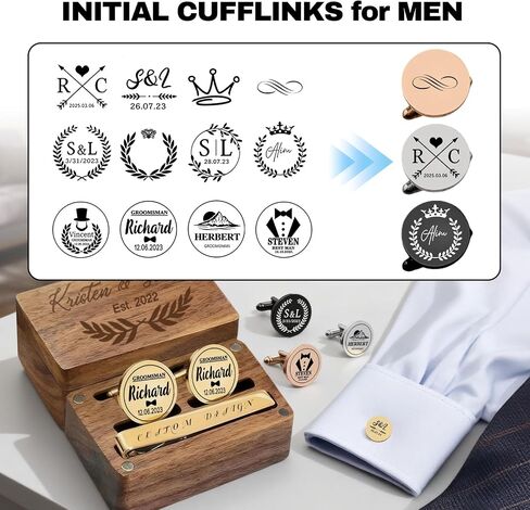 Custom Monogram Cufflinks for Men - Personalized Initial Cuff Links & Tie Clip Set with Engraved Wood Box - Wedding Gifts for Groom Son Man Groomsmen Father's Day in Saudi Arabia