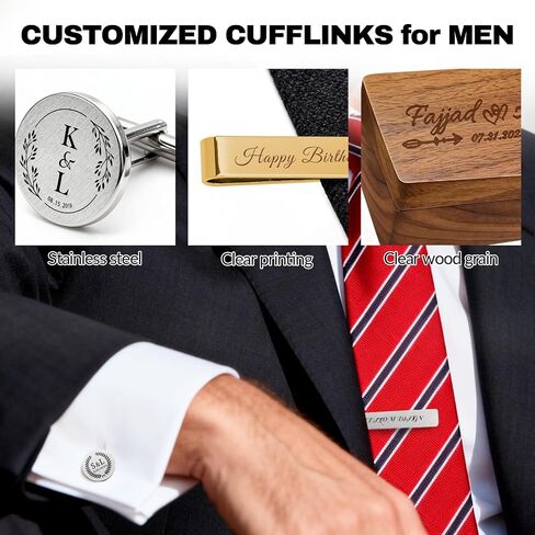 Custom Monogram Cufflinks for Men - Personalized Initial Cuff Links & Tie Clip Set with Engraved Wood Box - Wedding Gifts for Groom Son Man Groomsmen Father's Day in Saudi Arabia