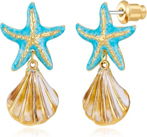 14K Gold Plated Shell Chunky Starfish Earrings for Women Dangle Statement Summer Beach Stud Trendy Ocean Dainty Jewelry Vacation Gift in Saudi Arabia