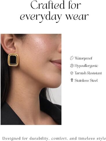 Mahani Black and Gold Earrings for Women, Statement Earrings for Women, Chunky Square Earrings, Waterproof Stainless Steel Stud Earrings, Hypoallergenic Gold Jewelry in Kuwait