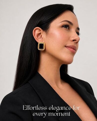 Mahani Black and Gold Earrings for Women, Statement Earrings for Women, Chunky Square Earrings, Waterproof Stainless Steel Stud Earrings, Hypoallergenic Gold Jewelry in Kuwait