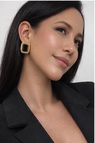 Mahani Black and Gold Earrings for Women, Statement Earrings for Women, Chunky Square Earrings, Waterproof Stainless Steel Stud Earrings, Hypoallergenic Gold Jewelry in Kuwait