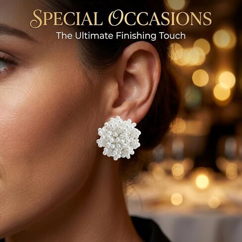 Pearl Cluster Earrings for Women, Statement Stud Earrings with Lustrous White Beads, Lightweight Pearl for Wedding, Prom, Vintage-Style Y2K Jewelry Gifts, 0.85" Hypoallergenic in Saudi Arabia
