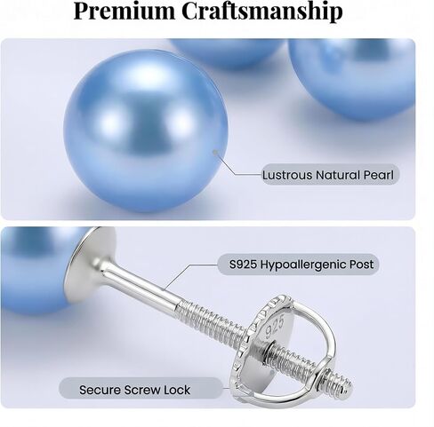Blue Pearl Stud Earrings, Akoya Cultured Round Pearl in 925 Sterling Silver, Hypoallergenic & Security Screw Backing, Jewelry Gifts for Women, 6-6.5mm in Saudi Arabia