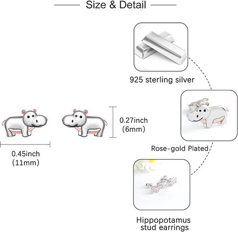 Hippo Stud Earrings for Women - 925 Sterling Silver Hypoallergenic Animal Cute Hippopotamus Earrings Charm Hippo Jewelry Gifts in Kuwait