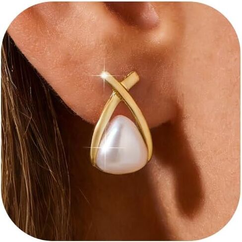 Pearl Earrings for Women 14k Gold Plated Stud Earrings Surgical Stainless Steel Earring Hypoallergenic 2026 Trendy Wedding Jewelry Gift for Sensitive Ears in Kuwait