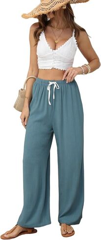 Womens Linen Pants Drawstring, Loose Wide-Leg Beach Clothing Flowy Pants with Pockets in Saudi Arabia