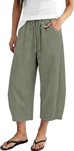 Cropped Cotton Linen Pants Women Barrel Wide Leg Cotton Capris 2026 Casual Summer Boho Baggy Palazzo Trouser in Saudi Arabia