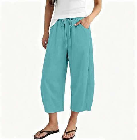 Cropped Cotton Linen Pants Women Barrel Wide Leg Cotton Capris 2026 Casual Summer Boho Baggy Palazzo Trouser in Saudi Arabia