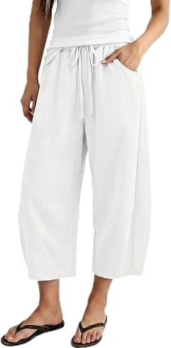 Cropped Cotton Linen Pants Women Barrel Wide Leg Cotton Capris 2026 Casual Summer Boho Baggy Palazzo Trouser in Saudi Arabia