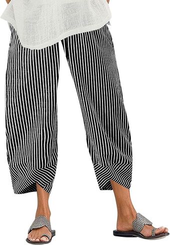 Womens Wide Leg Pants Cotton Linen Casual Drawstring Elastic Waist Palazzo Trousers Loose Fit Summer Lightweight Bottoms in Kuwait