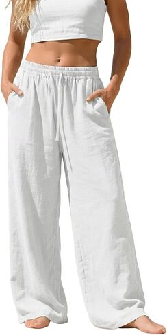 Women's Linen Wide Leg Pants Summer Casual Flowy Drawstring Elastic Waist Trousers with Pocket for Travel Office Beach in Saudi Arabia