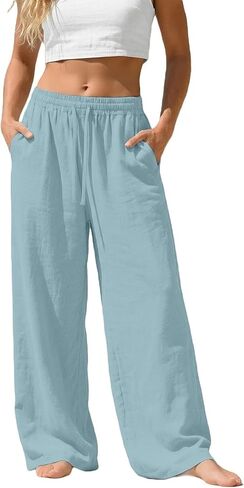 Women's Linen Wide Leg Pants Summer Casual Flowy Drawstring Elastic Waist Trousers with Pocket for Travel Office Beach in Saudi Arabia