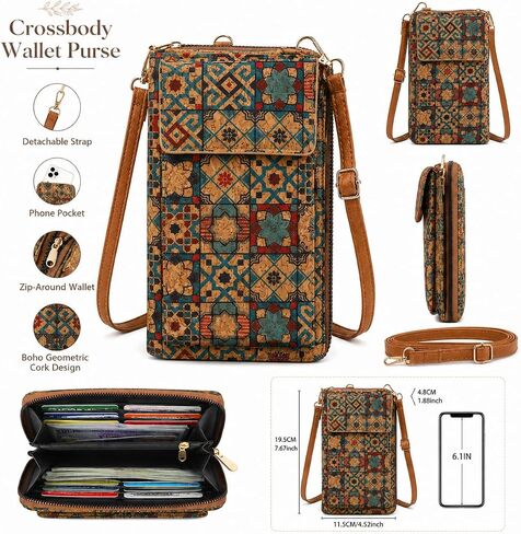Boho Geometric Cork Cross Body Handbags, Women Multi Card Phone Bag For Daily Shopping, Travel, Outdoor in Kuwait
