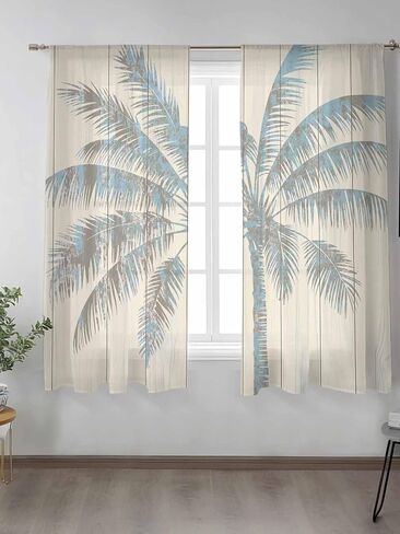 Semi Sheer Curtains 72 inches Long, Tropical Palm Tree Vintage Wood Window Treatments Curtains,Light Filter Curtains Rod Pocket Drapes for Living Room Bedroom,2 Panels in Saudi Arabia