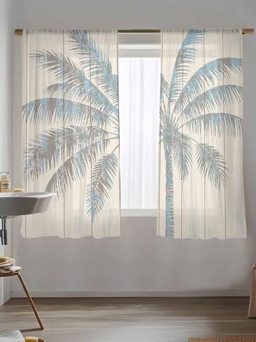Semi Sheer Curtains 72 inches Long, Tropical Palm Tree Vintage Wood Window Treatments Curtains,Light Filter Curtains Rod Pocket Drapes for Living Room Bedroom,2 Panels in Saudi Arabia