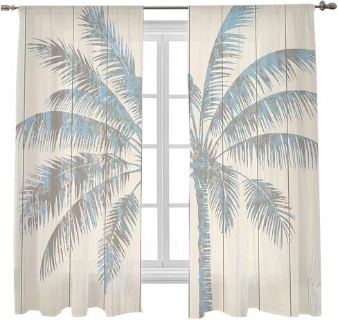 Semi Sheer Curtains 72 inches Long, Tropical Palm Tree Vintage Wood Window Treatments Curtains,Light Filter Curtains Rod Pocket Drapes for Living Room Bedroom,2 Panels in Saudi Arabia