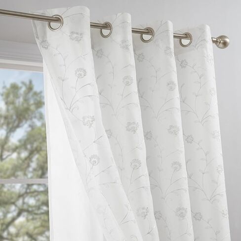 Petrichor Gray Luxury Double Layer Curtains, Satin-Lined Voile Embroidered Floral Pattern, Light Filtering Grommet Top Window Drapes for Living Room Bedroom Decor, 2 Panels, 55" W x 84" L in Saudi Arabia