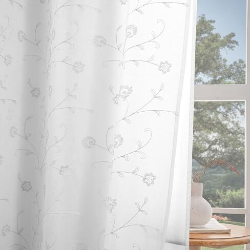 Petrichor Gray Luxury Double Layer Curtains, Satin-Lined Voile Embroidered Floral Pattern, Light Filtering Grommet Top Window Drapes for Living Room Bedroom Decor, 2 Panels, 55" W x 84" L in Saudi Arabia