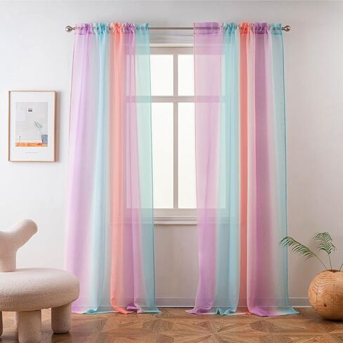 Yancorp Sheer Curtain 2 Panels Semi Bedroom Curtains 63 inches Length Linen Rainbow Ombre Curtains Rod Pocket Drapes Girls Living Room Mermaid Bedroom Nursery Kids Window Decor(Rainbow, 52"x63") in Saudi Arabia