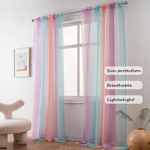 Yancorp Sheer Curtain 2 Panels Semi Bedroom Curtains 63 inches Length Linen Rainbow Ombre Curtains Rod Pocket Drapes Girls Living Room Mermaid Bedroom Nursery Kids Window Decor(Rainbow, 52"x63") in Saudi Arabia