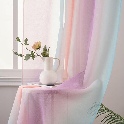 Yancorp Sheer Curtain 2 Panels Semi Bedroom Curtains 63 inches Length Linen Rainbow Ombre Curtains Rod Pocket Drapes Girls Living Room Mermaid Bedroom Nursery Kids Window Decor(Rainbow, 52"x63") in Saudi Arabia