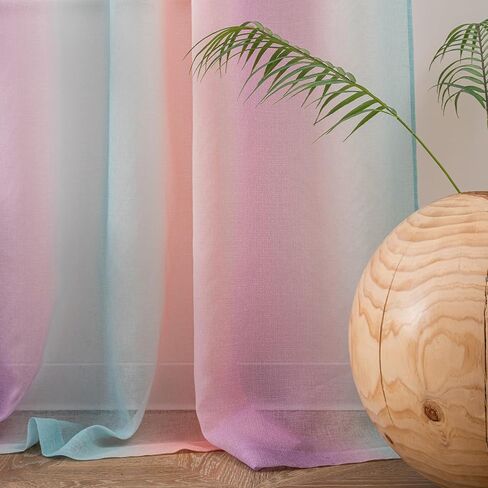 Yancorp Sheer Curtain 2 Panels Semi Bedroom Curtains 63 inches Length Linen Rainbow Ombre Curtains Rod Pocket Drapes Girls Living Room Mermaid Bedroom Nursery Kids Window Decor(Rainbow, 52"x63") in Saudi Arabia