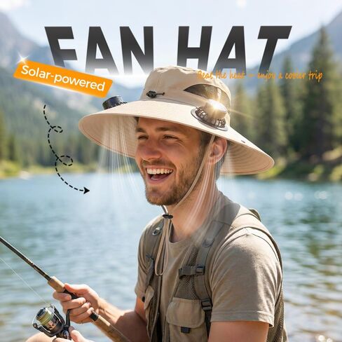 Wide Solar Fan Outdoor Fishing Hat - Solar & USB Charging Dual Cooling Fan Sun Hat for Men Women, UPF 50+ in Saudi Arabia