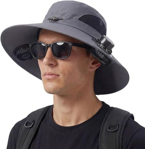 Wide Solar Fan Outdoor Fishing Hat - Solar & USB Charging Dual Cooling Fan Sun Hat for Men Women, UPF 50+ in Saudi Arabia