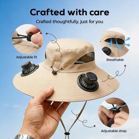 Wide Solar Fan Outdoor Fishing Hat - Solar & USB Charging Dual Cooling Fan Sun Hat for Men Women, UPF 50+ in Saudi Arabia