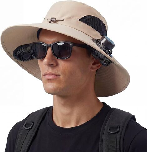 Wide Solar Fan Outdoor Fishing Hat - Solar & USB Charging Dual Cooling Fan Sun Hat for Men Women, UPF 50+ in Saudi Arabia