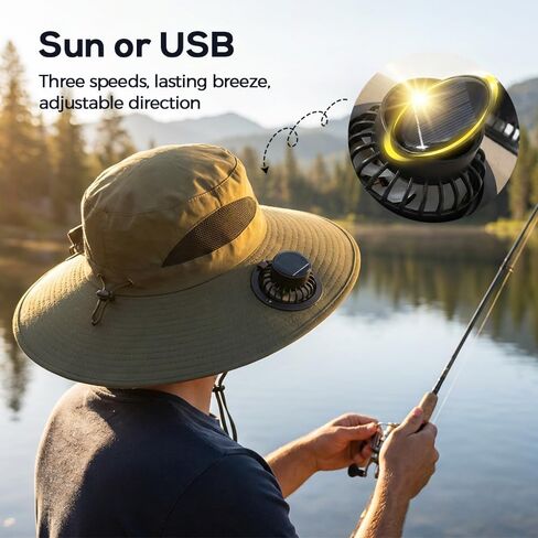 Wide Solar Fan Outdoor Fishing Hat - Solar & USB Charging Dual Cooling Fan Sun Hat for Men Women, UPF 50+ in Saudi Arabia