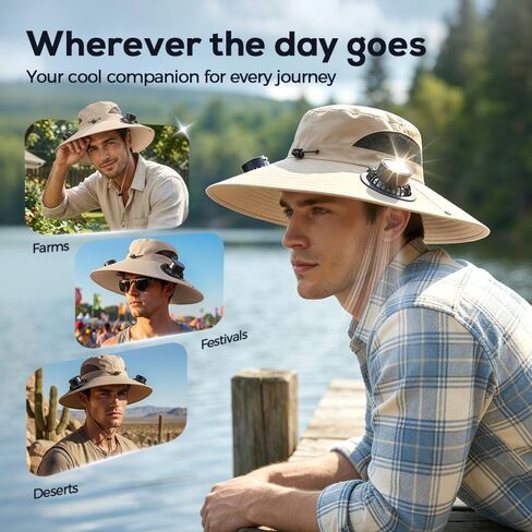 Wide Solar Fan Outdoor Fishing Hat - Solar & USB Charging Dual Cooling Fan Sun Hat for Men Women, UPF 50+ in Saudi Arabia
