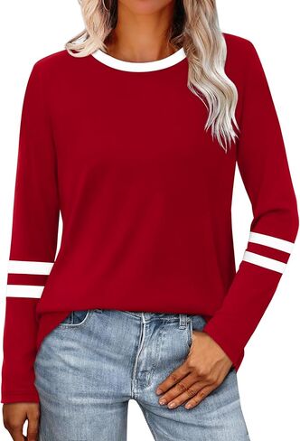Sampeel Long Sleeve Shirts for Women Color Block Casual Tops Fall Outfits 2026 Basic Tees Trendy Spring Clothes in Saudi Arabia