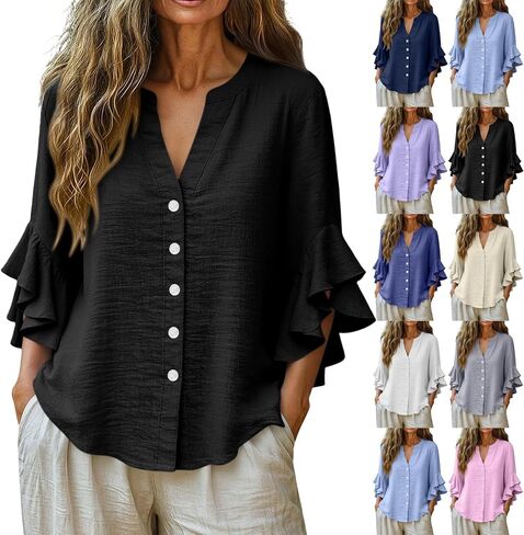 Womens Double Ruffle Sleeve Tops Dressy Casual V-Neck Loose Fit Tshirts Fashion Spring Summer Tunics in Kuwait