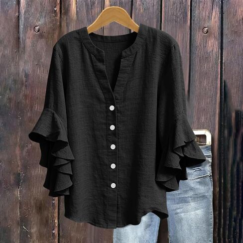Womens Double Ruffle Sleeve Tops Dressy Casual V-Neck Loose Fit Tshirts Fashion Spring Summer Tunics in Kuwait