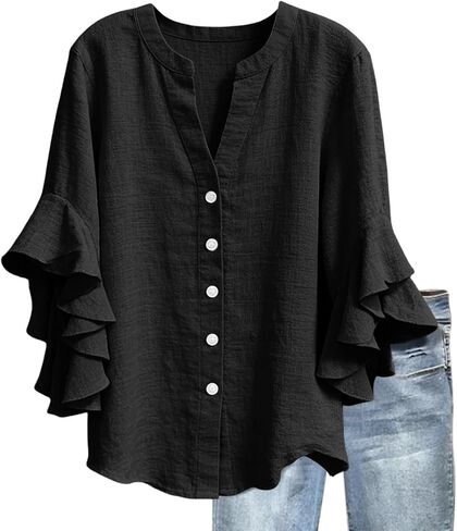 Womens Double Ruffle Sleeve Tops Dressy Casual V-Neck Loose Fit Tshirts Fashion Spring Summer Tunics in Kuwait