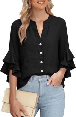 Womens Double Ruffle Sleeve Tops Dressy Casual V-Neck Loose Fit Tshirts Fashion Spring Summer Tunics in Kuwait